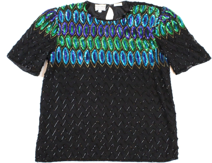 Black colorful floral sequin beaded vintage short sleeve shirt sz 16